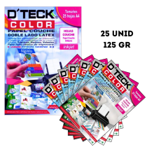 PAQUETE DE PAPEL COUCHE DOBLE LADO LATEX DTECK COLOR A4 125GR 25UNI