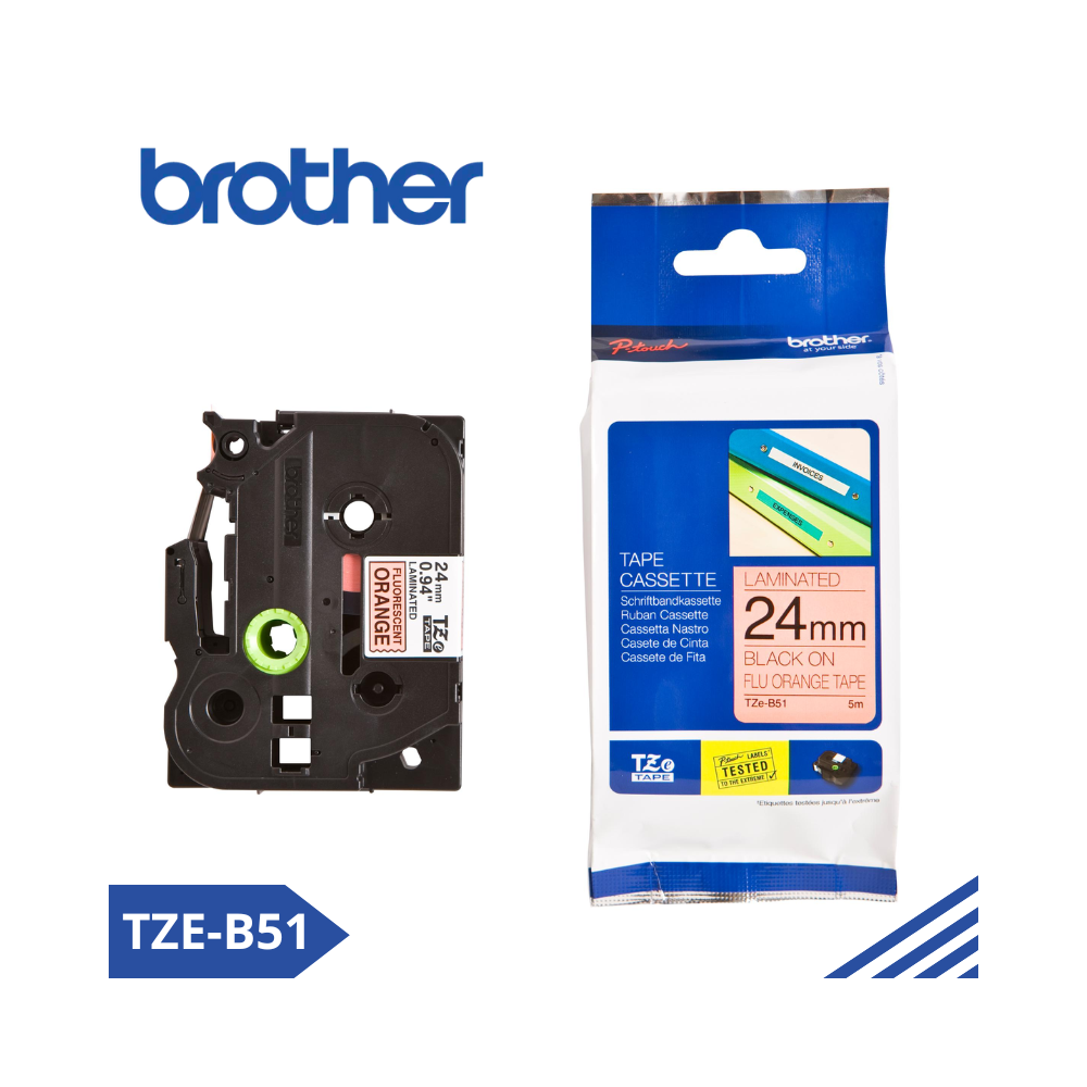 TZE-B51|CINTA BROTHER TZE-B51 (24MM X 8MTS) NEGRO/FLU. NARANJA