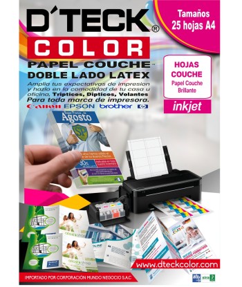 PAQUETE DE PAPEL COUCHE DOBLE LADO LATEX DTECK COLOR A4 125GR 25UNI